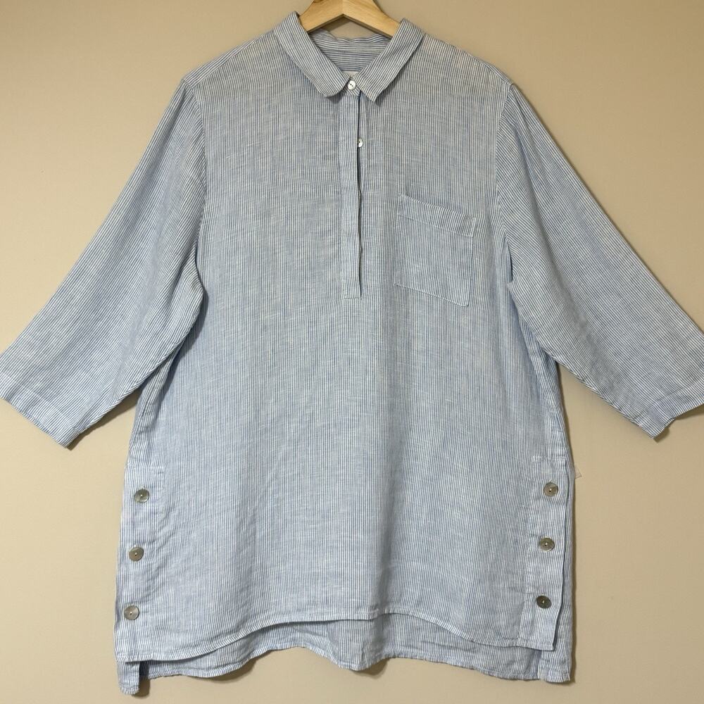 J.Jill Love Linen SIZE LARGE Oversized Tunic Top Blue White Stripe Lagenlook